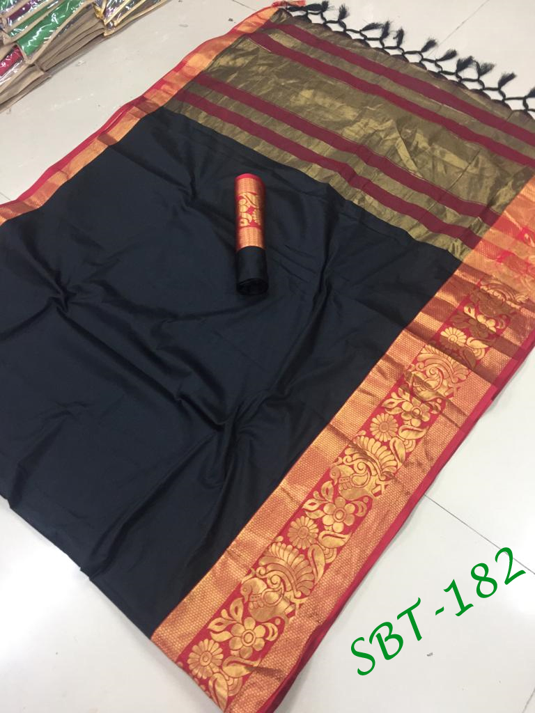 Plain Cotton Silk With Peacock & Flower Jacquard Printed Border Saree