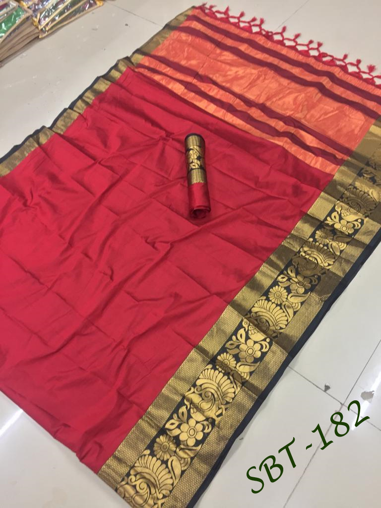 Plain Cotton Silk With Peacock & Flower Jacquard Printed Border Saree