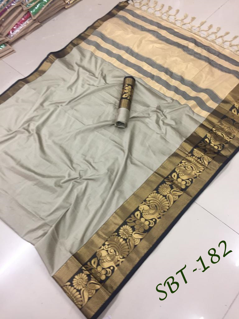 Plain Cotton Silk With Peacock & Flower Jacquard Printed Border Saree
