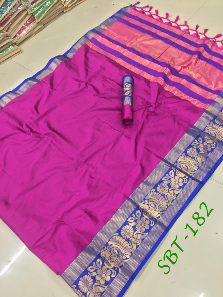 Plain Cotton Silk With Peacock & Flower Jacquard Printed Border Saree