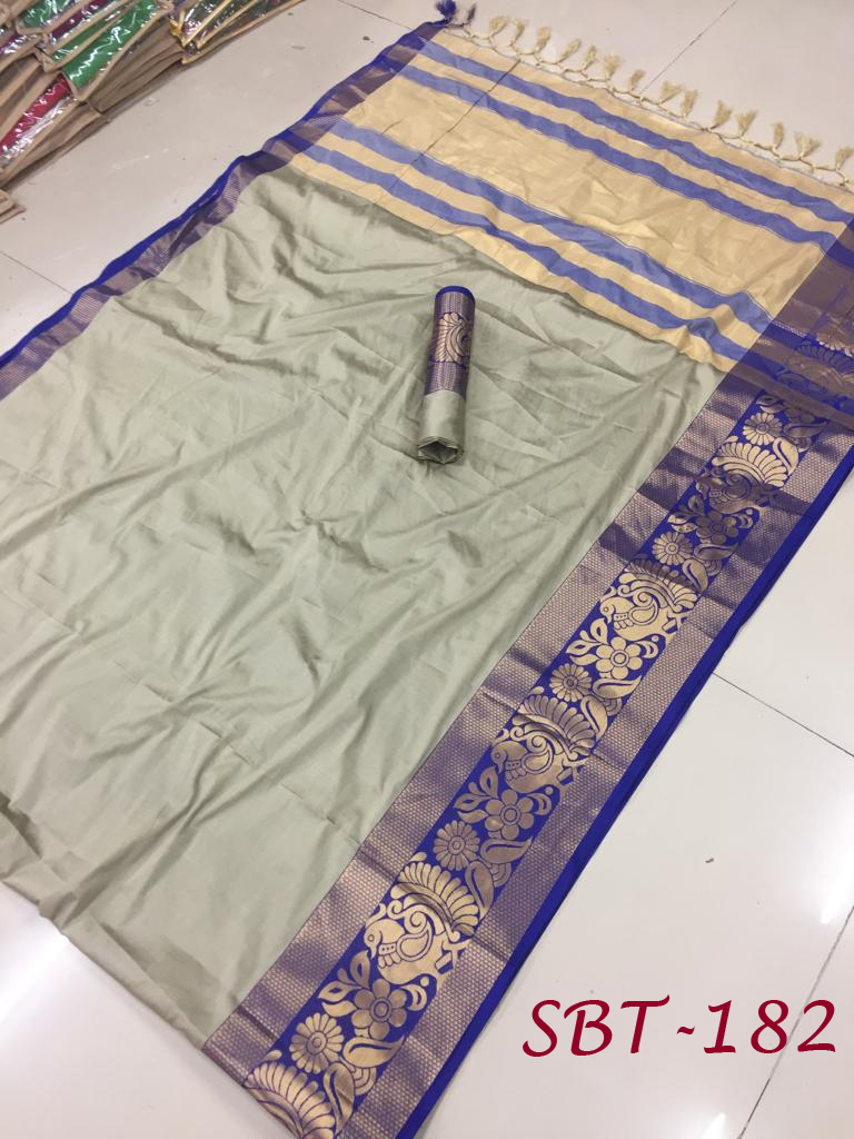 Plain Cotton Silk With Peacock & Flower Jacquard Printed Border Saree