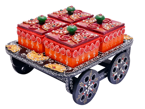 Indian Handicraft Hand Painted Decorative Wooden Cart Dry Fruit Box