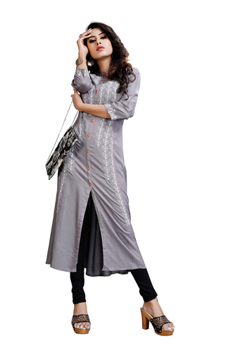 Cotton Kurti - 3/4th Sleeve, Grey with Latest Embroidery Design | Modern Style for Girls