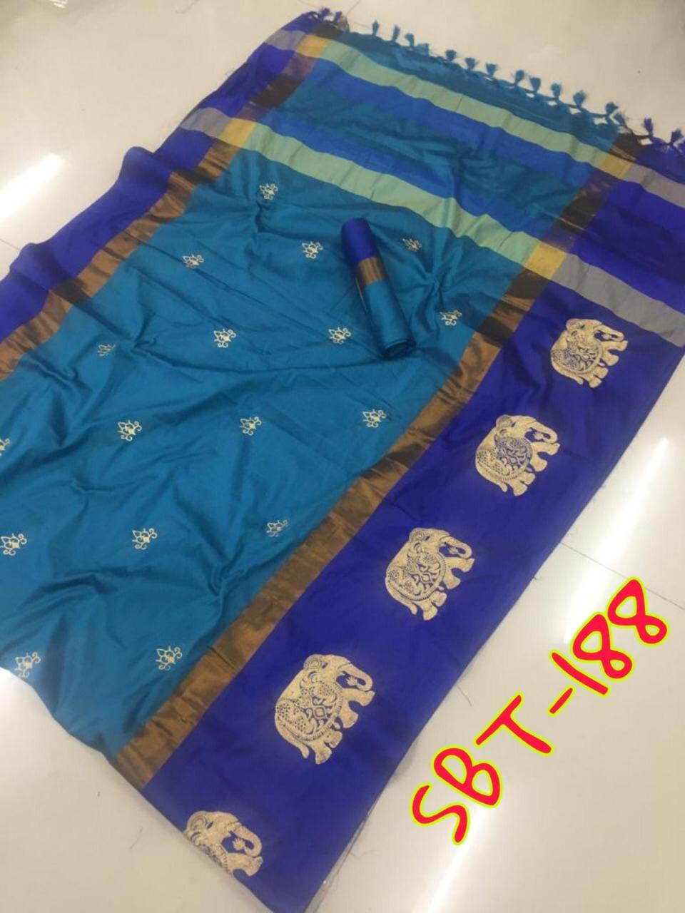Elephant Embroidery Work on Border & Flower Butta on body Cotton Silk Saree With Jhalar