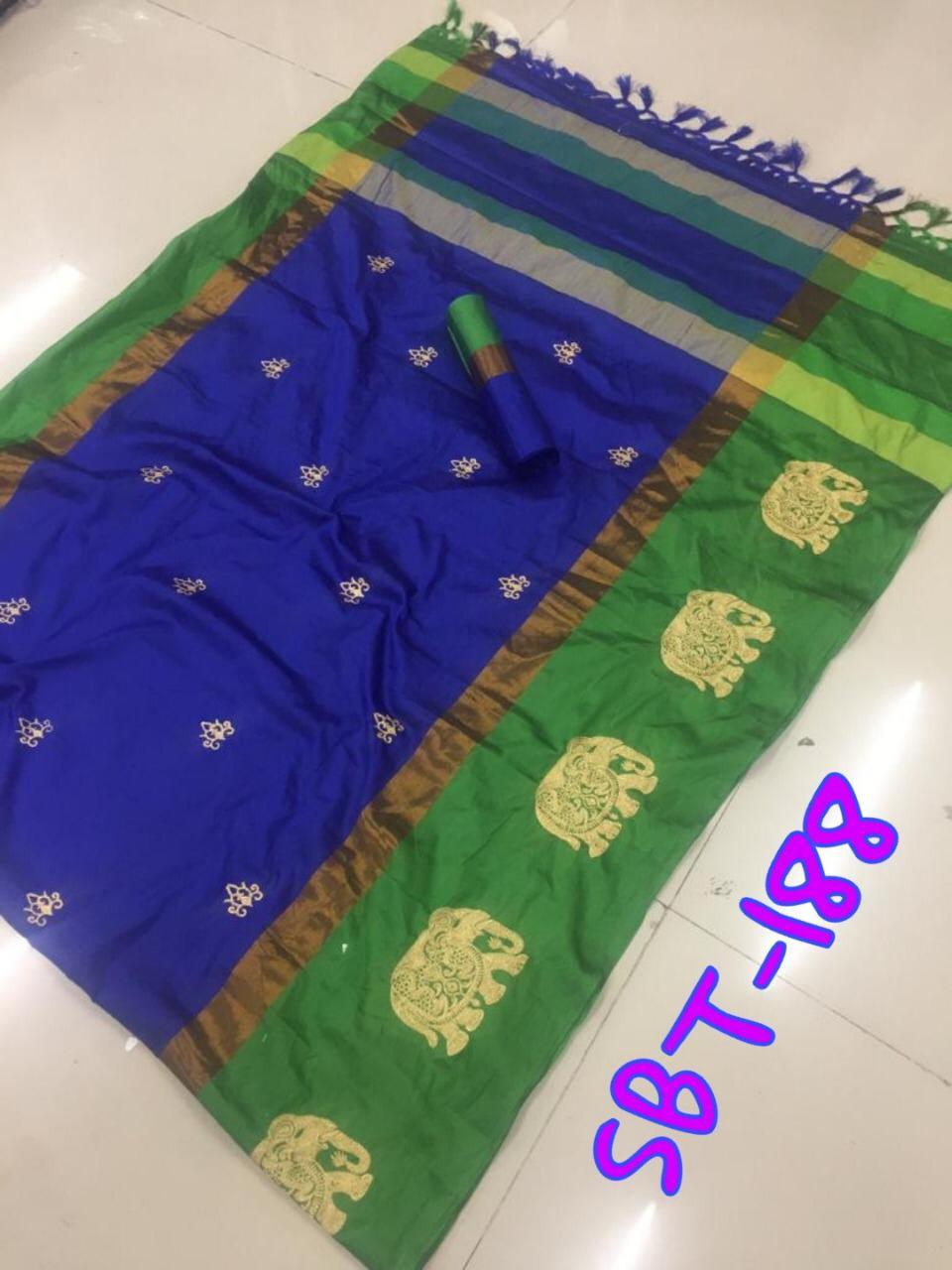 Elephant Embroidery Work on Border & Flower Butta on body Cotton Silk Saree With Jhalar