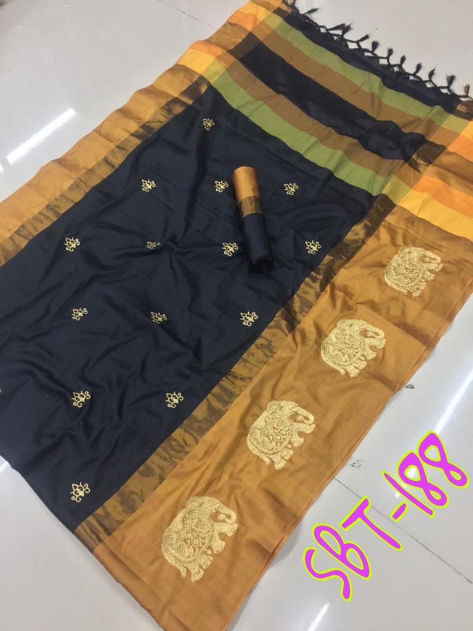 Elephant Embroidery Work on Border & Flower Butta on body Cotton Silk Saree With Jhalar