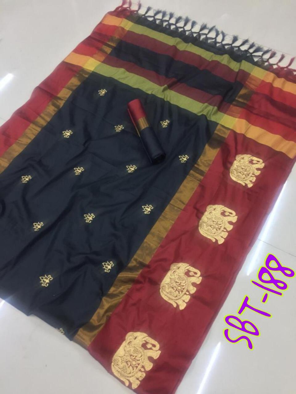 Elephant Embroidery Work on Border & Flower Butta on body Cotton Silk Saree With Jhalar