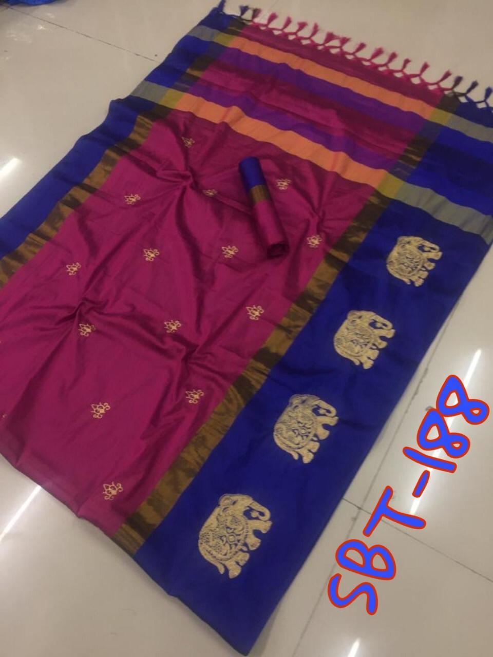 Elephant Embroidery Work on Border & Flower Butta on body Cotton Silk Saree With Jhalar
