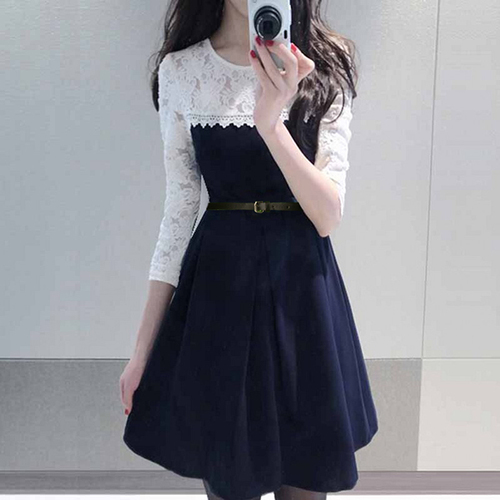 Summer Dresses Online - Crepe Fabric, Length 35-36 Inch, Navy Blue, Sizes S-XXL, Short Sleeves, Plain Pattern, No Fade, Washable