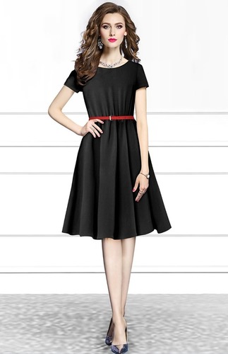 Ladies Short Dress - Other Material, 36 Inch Length, Colors: Black | Features: No Fade, Washable, Plain Pattern, All Season Wear, Available Sizes: S, M, L, XL, XXL, Short Sleeves