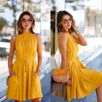 Beach Dresses - Crochet Material, Length 36-37 Inch, Sizes S-xxl | Yellow Color, Sleeveless, Washable, Plain Dyed, All Season Wear