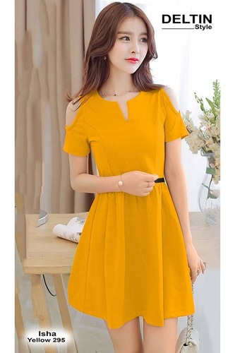 Skater Dress - Other Material, Length 35-37 Inch, Size M/L/XL/XXL, Yellow Color - Trendy Design, Washable, Short Sleeves, All Season