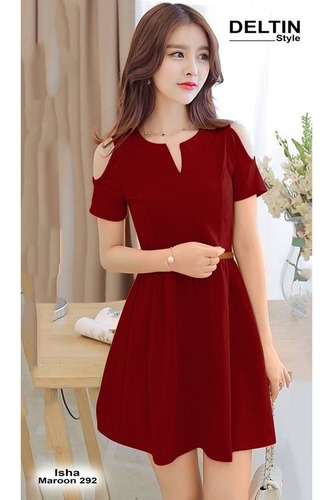 Party Wear Western Dresses - Other Material, Length 35-37 Inch, Color Maroon, Sizes S-XXL, Short Sleeves | No Fade, Washable, All Season