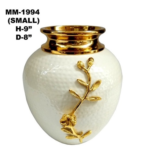 White & Gold Decorative Brass Flower Pot With Leaf