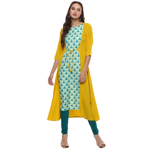 Ladies A-Line Kurti - Cotton Blend, Sizes: XS-XXXL | Yellow Printed 3/4 Sleeve, Casual & Ethnic Style for Summer Fashion