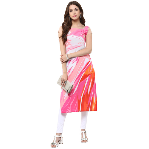 Ladies Digital Printed Kurtis - Cotton Blend, Sizes: S, M, L, Xl, Xxl, Xxxl | Color: Pink, Sleeve Style: Short, Pattern: Printed, Style: Western, Ideal For Summer Parties