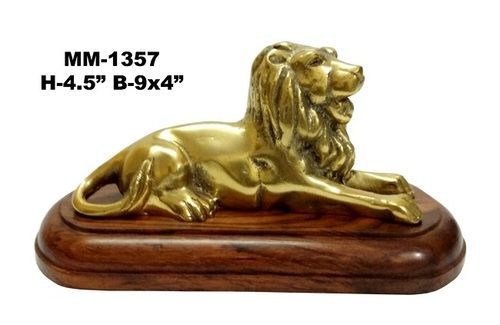 Brass Lion Sculpture with wood Base