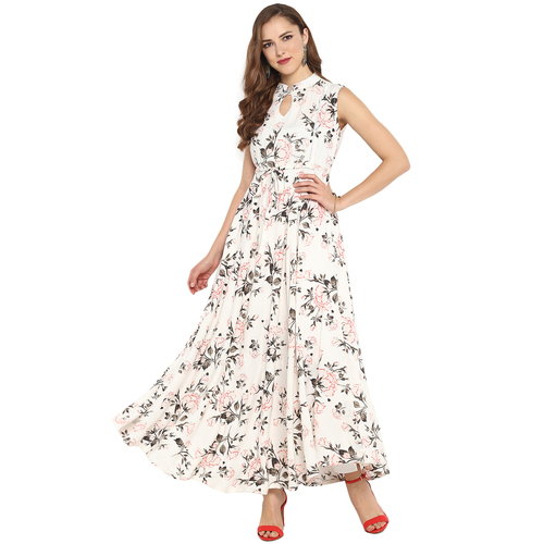 Flared Floral Printed Kurti - Cotton Blend, Sizes S-XXXL | White, Sleeveless, Modern Ethnic Casual Wear for Ladies