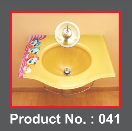 Designer Glass Wash Basin - 18x24 Size, Yellow | Wall Mounted, 19mm Thickness, Durable Steel Stand