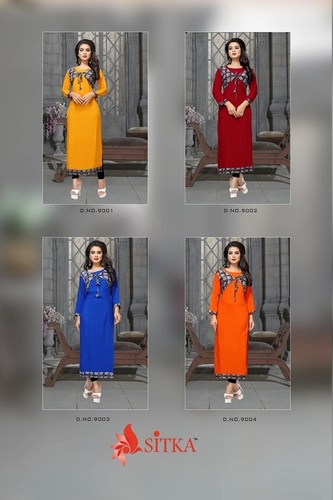 Long Kurti - Rayon Fabric 3-4th Sleeve 4 Color Plain Straight Design | Classic Style For Casual Formal & Party Wear