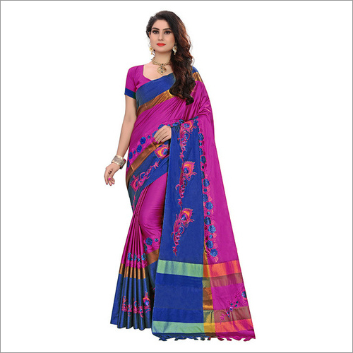 Beautiful Embroidery Design Work Cotton Silk Saree