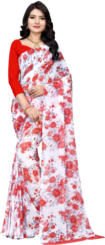 Designer Saree - Georgette Fabric, Red and White Flower Printed Pattern | Ideal for Party Occasions