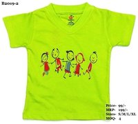 Kids Children Design Print T-Shirts - Melange/ L. Green/ Pink - V Neck, Half Sleeve