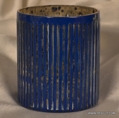 ROUND GLASS BLUE SILVER CANDLE VOTIVE