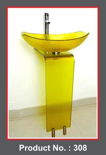 Glass Wash Basin - 9x42 Inches Yellow L-Bend Shape with 16x16 Glass Bowl & 18x24 Mirror | Floor Mounted Durable One-Piece Design