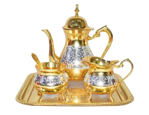 Mughal Style Brass Gold & Silver Tea Coffee Set