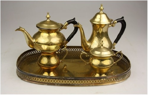 Brass Coffee & Tea Set on Silver Plated Tray