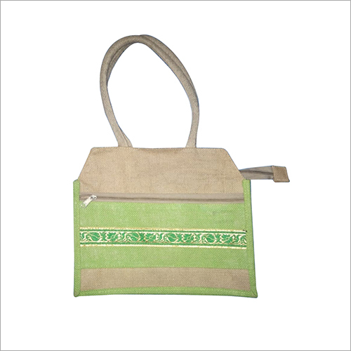 Ladies Designer Tote Bag - Eco Friendly Jute Material 12x15 Inches Green Color - Vintage Patterns Zip Top Closure Washable & Durable