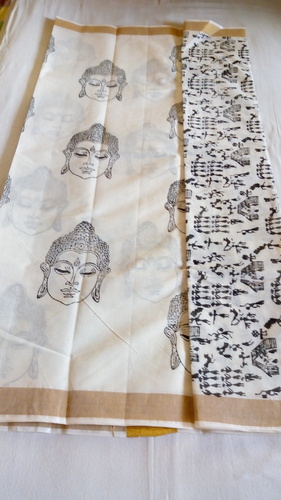 White Printed Kerala Cotton Saree
