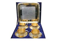 Gold & Silver Cups & Tray - Brass Material, Custom Size , Luxurious Blue Velvet Box For Home Decoration & Corporate Gifting
