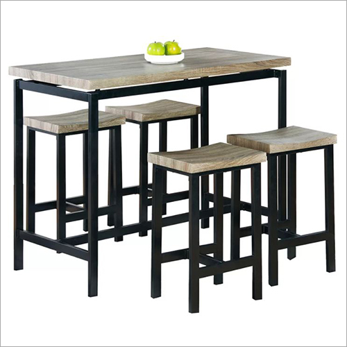 Break Fast Table - Wood & Iron, Variable Size, Brown | Four Stools, Durable, Space Saving, Comfortable Seating