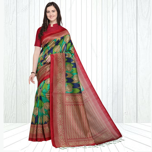 Mysore Silk Ethnic Saree - Art Silk Fabric, Panchhi Print Design in Vibrant MultiColors, Fancy Tussels & Matching Blouse Piece