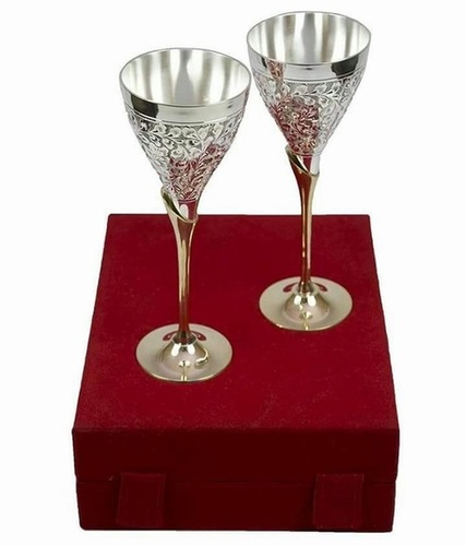 Brass Decorative German Silver Wine Glasses Set Of 2 With Box