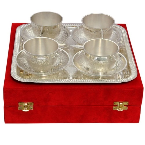 Beautiful Brass Silver Plated 4 Cups Tea Set With Gift Box Size: Customize