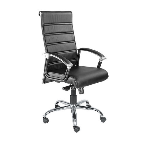 Synchro Tilt High Back Chair - Cushioned Armrest, 12.5-30 Inch Height Range | Black Leathrite Tapestry, Chrome Plated Metal Base, 1 Year Warranty