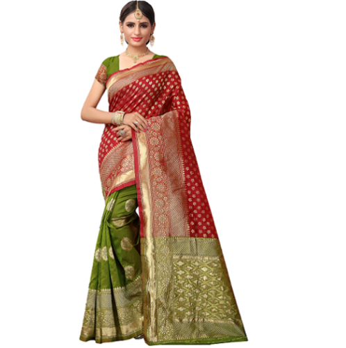 Green And Red Handloom Silk Saree
