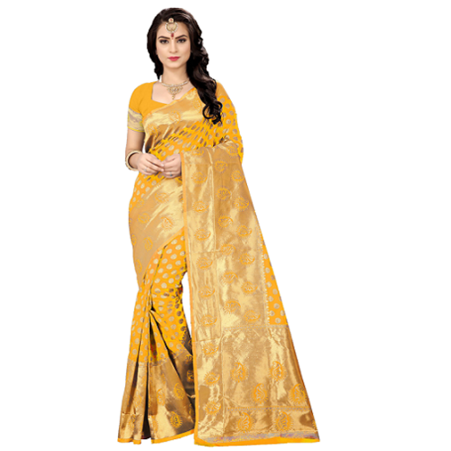 Handloom Silk Saree - Yellow Beautiful Floral Printed Design | Ideal For Weddings And Receptions