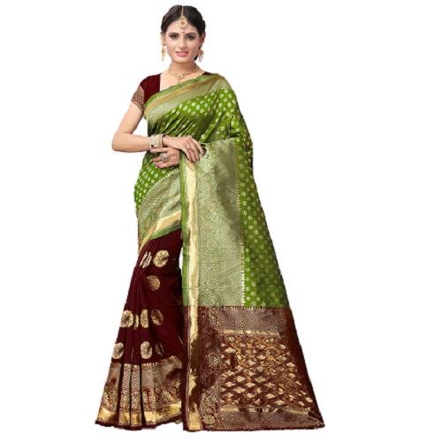 Handloom Silk Saree - Green and Maroon Floral Design , Elegant Printed Palav for Ladies