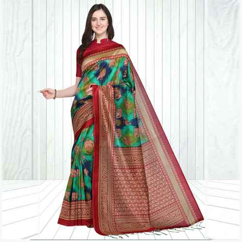 Red And Green Mysore Silk Airawat & Peacock Print Saree In Multicolor With Fancy Tussels In Pallu