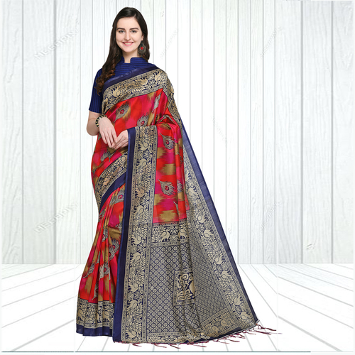 Mysore Silk Saree - Multicolor Art Silk Fabric, Printed Pattern with Contemporary Mor Pankh Design , Fancy Tussels and Matching Blouse Piece for Festive Elegance