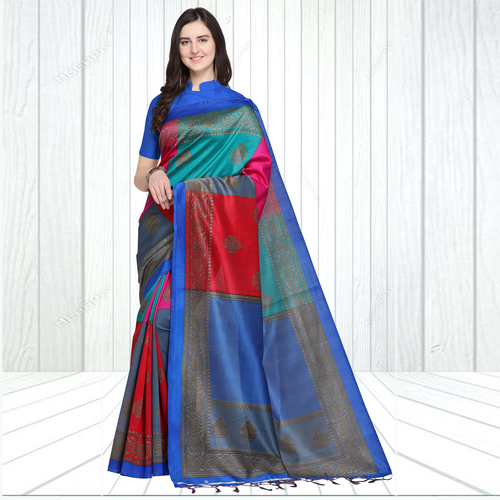 Blue And Red Latest Digital Printed Mysore Silk Saree