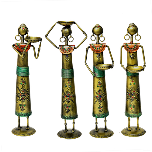 4 Set Of Indian Handicraft Home Decor Golden Polish Labor Lady Statue Decorative Craft Item