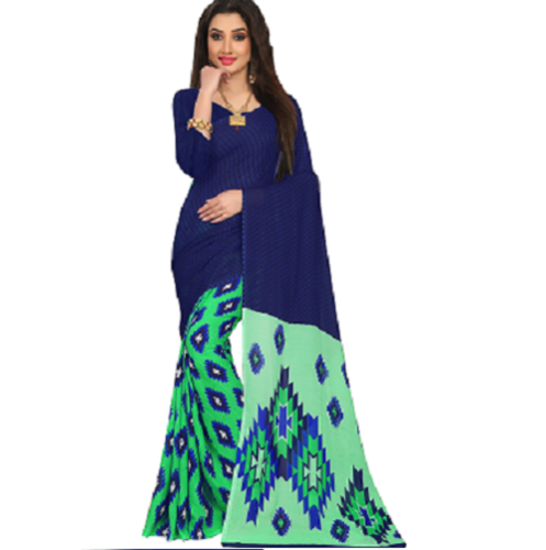 Georgette Saree - Printed Design, Navy Blue & Green Color Combination, Lightweight and Comfortable for All Seasons
