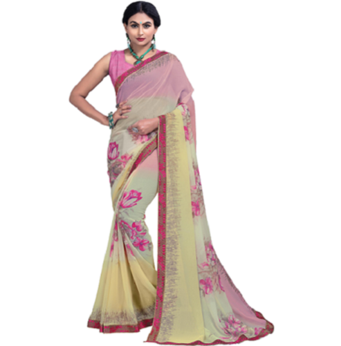 Yellow & Pink Printed Saree