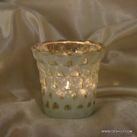 WHITE SILVER POLISH GLASS CANDLE HOLDER