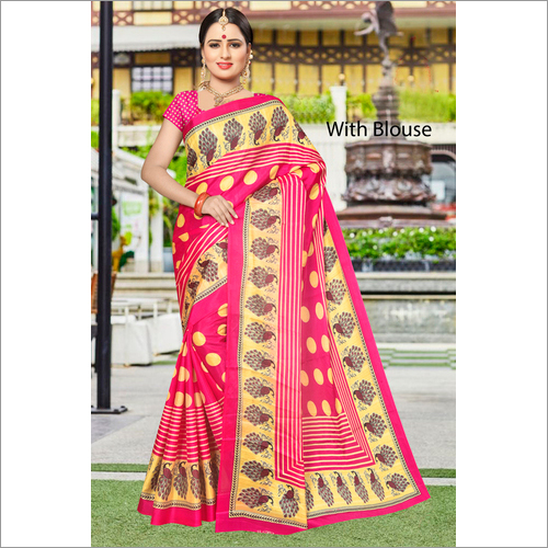 Women's Flower Printed White Silk Saree With Blouse Piece*